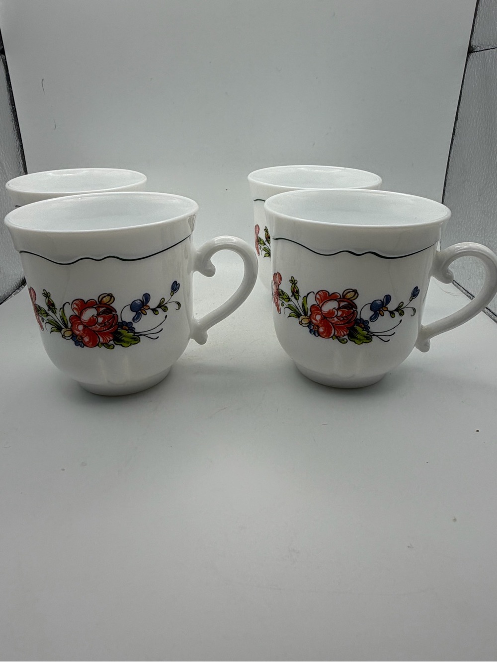 Vintage Arcopal France milk glass tea cups in the Provincial pattern set of 4